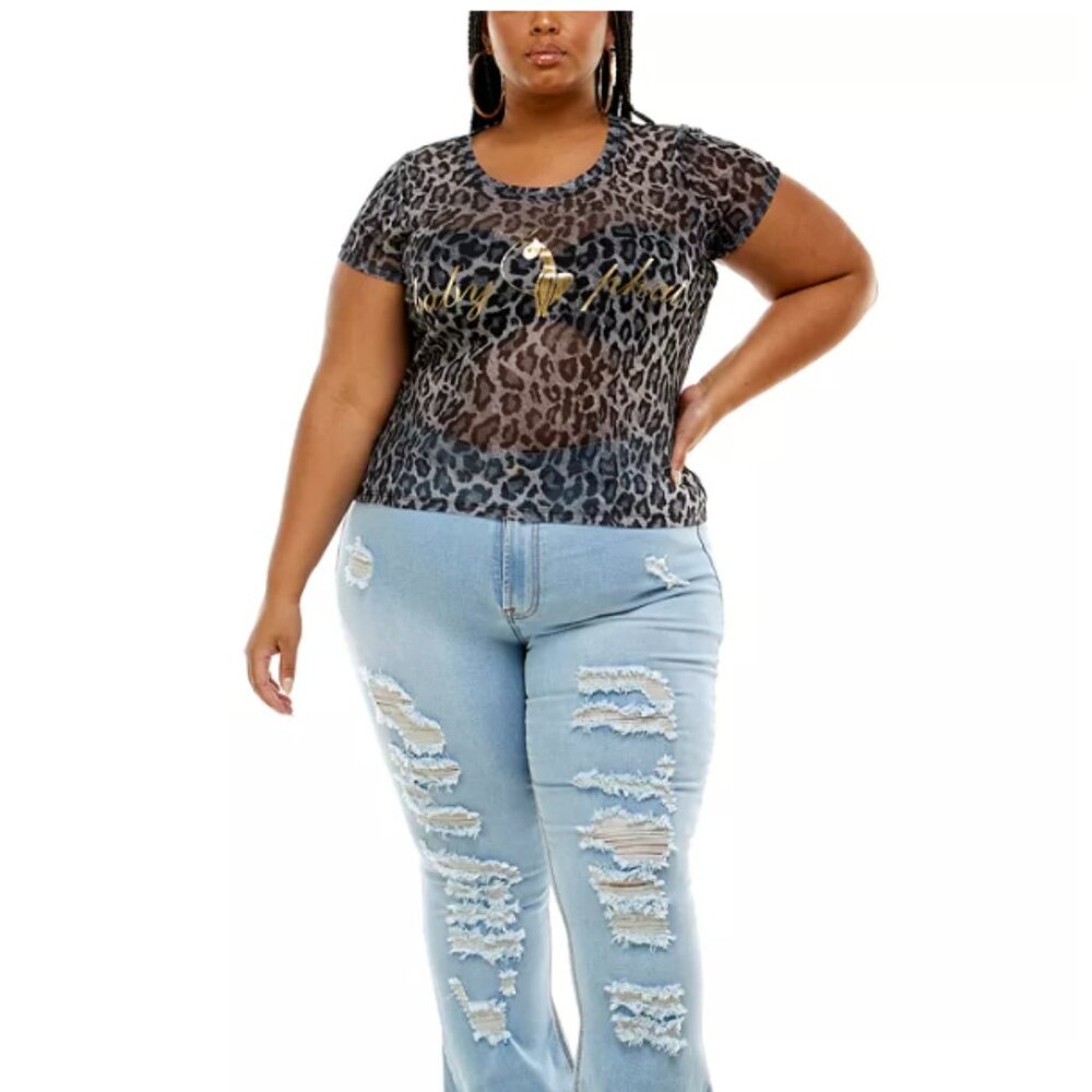 BABY PHAT Trendy Plus Size Sheer Animal Print T-Shirt - Picture 1 of 9
